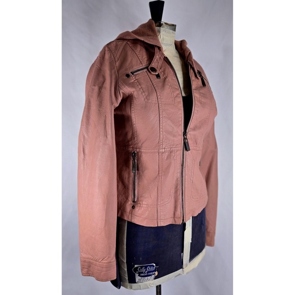 JouJou Faux Leather Moto Jacket Hooded Zip Up Pockets Pink Womens Biker Elegance - Picture 3 of 10